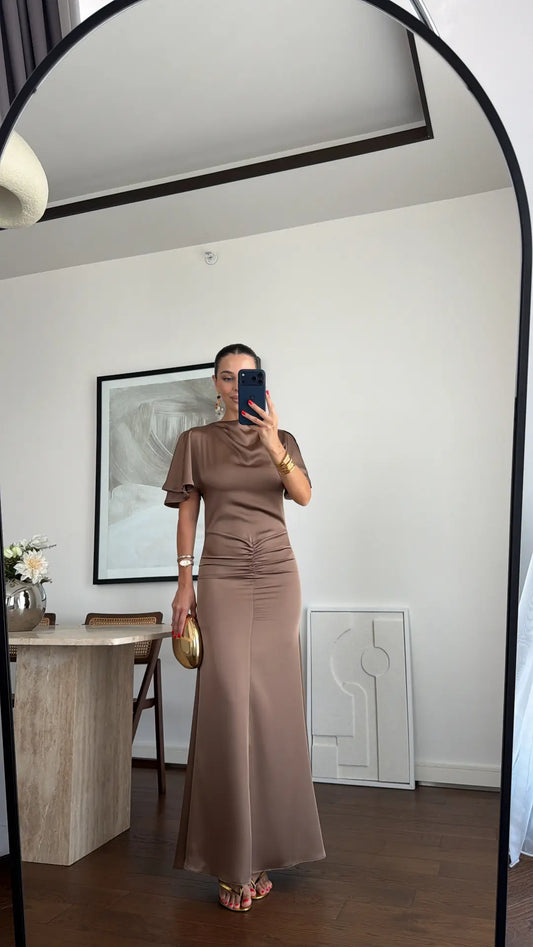 DRAPED LONG SATIN DRESS