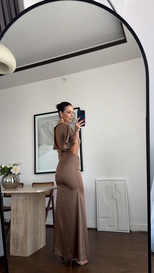 DRAPED LONG SATIN DRESS