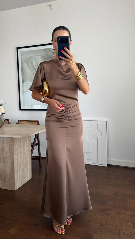 DRAPED LONG SATIN DRESS