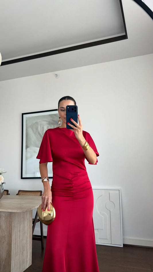 DRAPED LONG SATIN DRESS