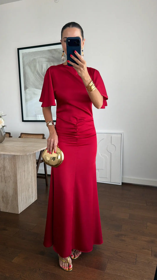 DRAPED LONG SATIN DRESS