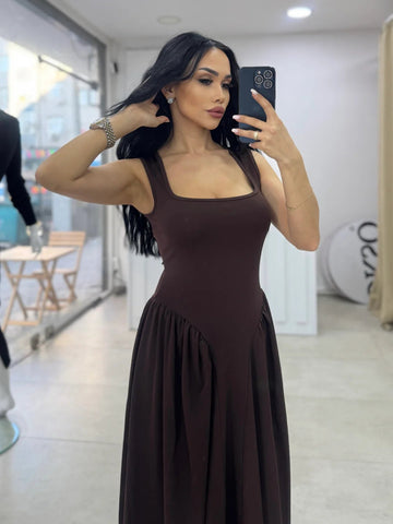 Square Neck Strap Long Dress with Waist Detail