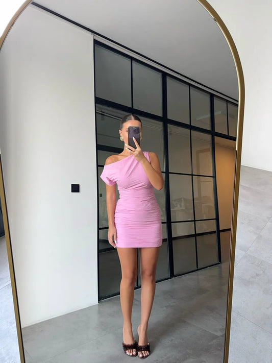DRAPED ONE-SHOULDER DROP PINK DRESS ARVERNA