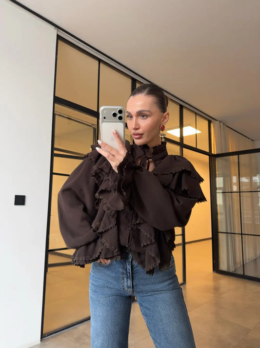 RUFFLED LACE EMBROIDERED BLOUSE