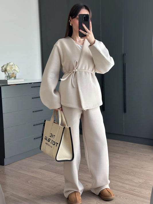 Beige Double-Breasted Tie Tracksuit