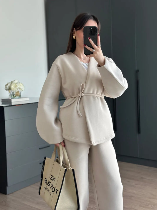 Beige Double-Breasted Tie Tracksuit