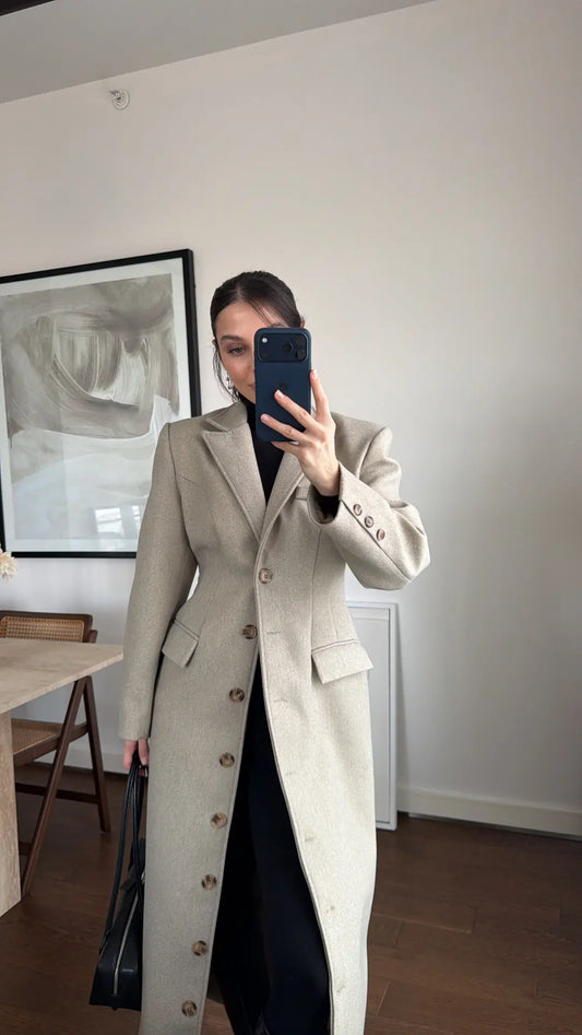 Tailored Longline Charcoal Beage Coat