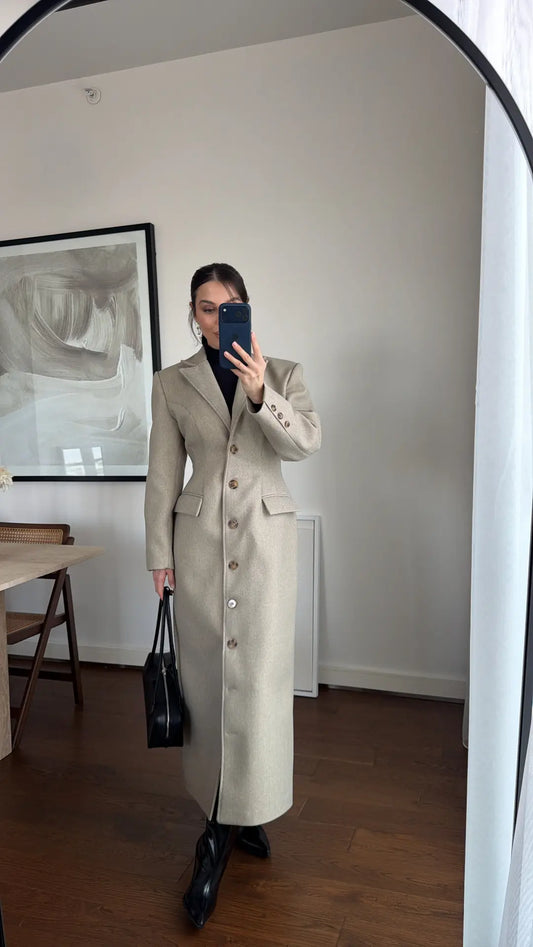 Tailored Longline Charcoal Beage Coat