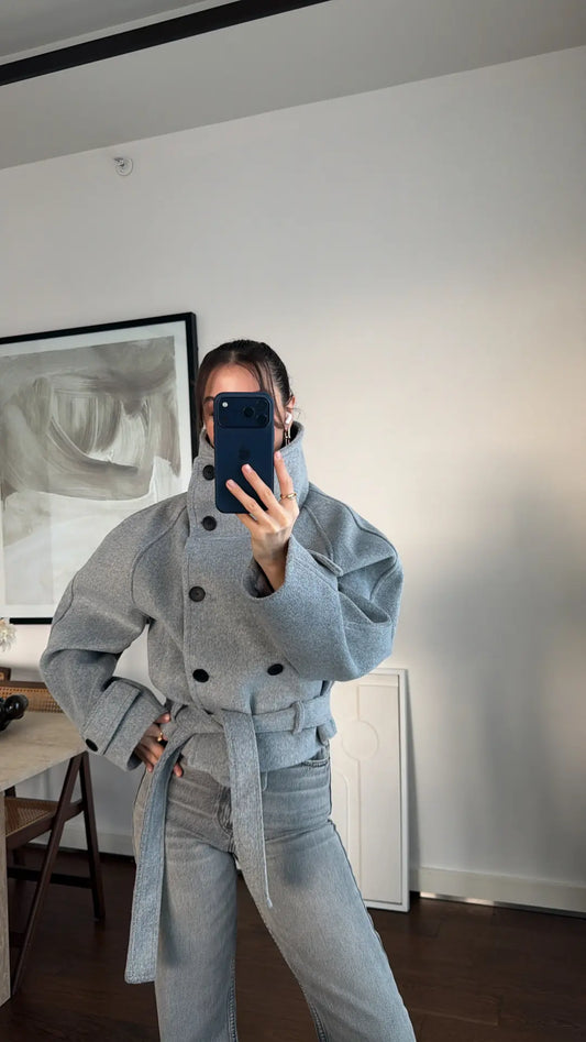 Grey Arnica Stand-Up Collar Short Cashmere Coat