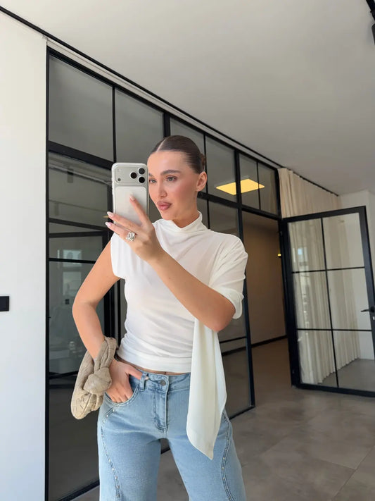 ASYMMETRICALLY DRAPED BLOUSE