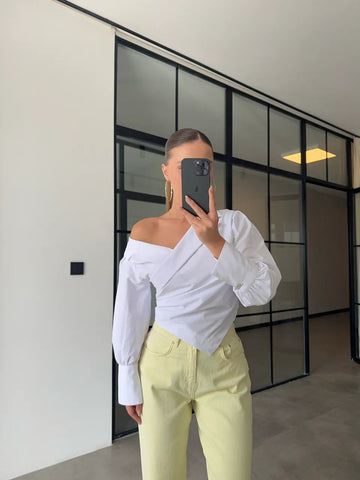 OPEN SHOULDER DRAPED DESIGN BITTER WHITE SHIRT