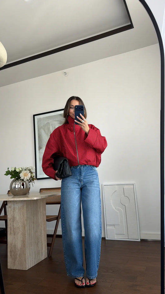 Checked High-Neck Jacket