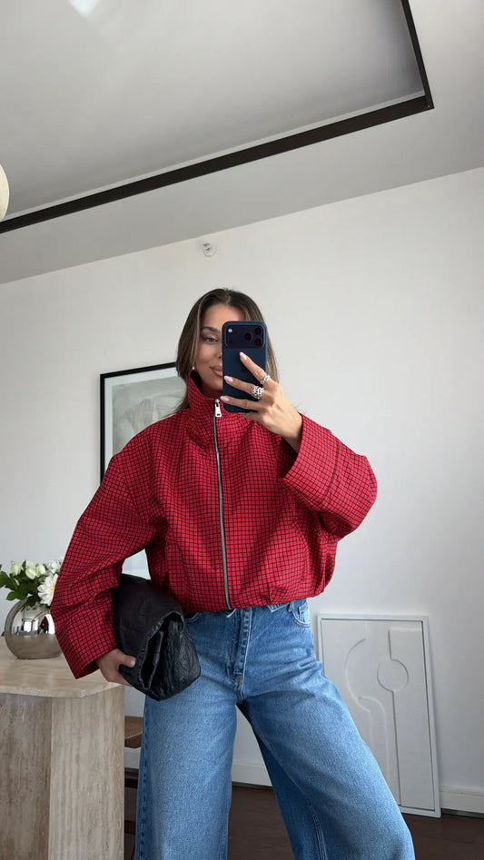 Checked High-Neck Jacket
