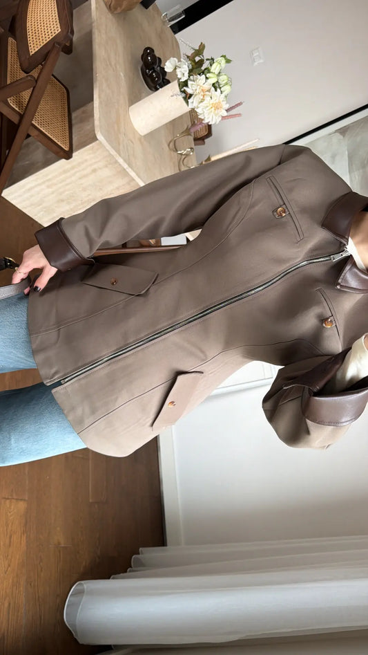 Coffee Beige Zip-Up with Leather Details Jacket