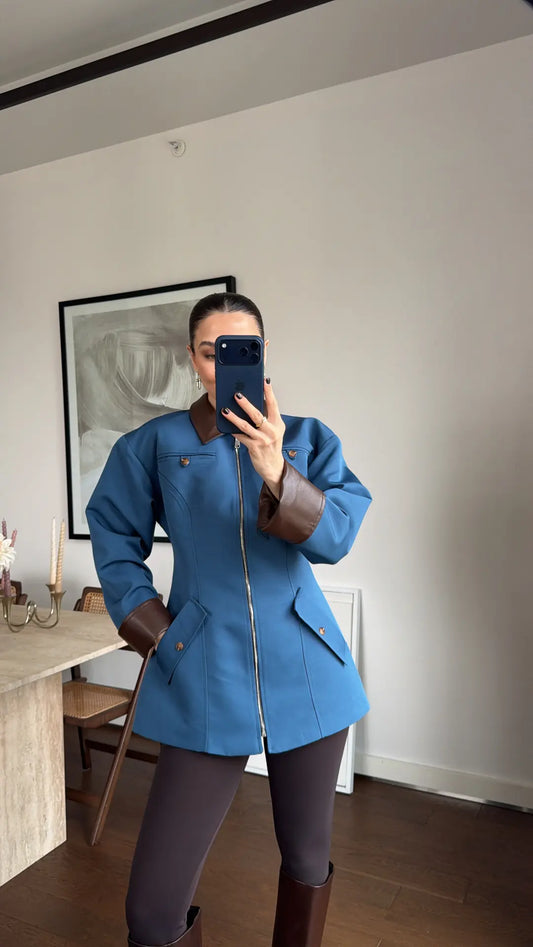Blue Zip-Up with Leather Details Jacket