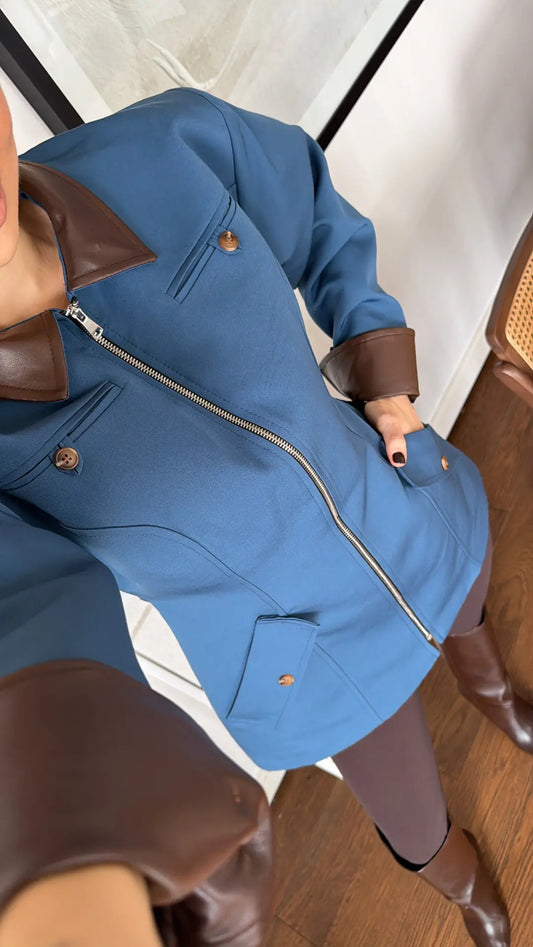 Blue Zip-Up with Leather Details Jacket