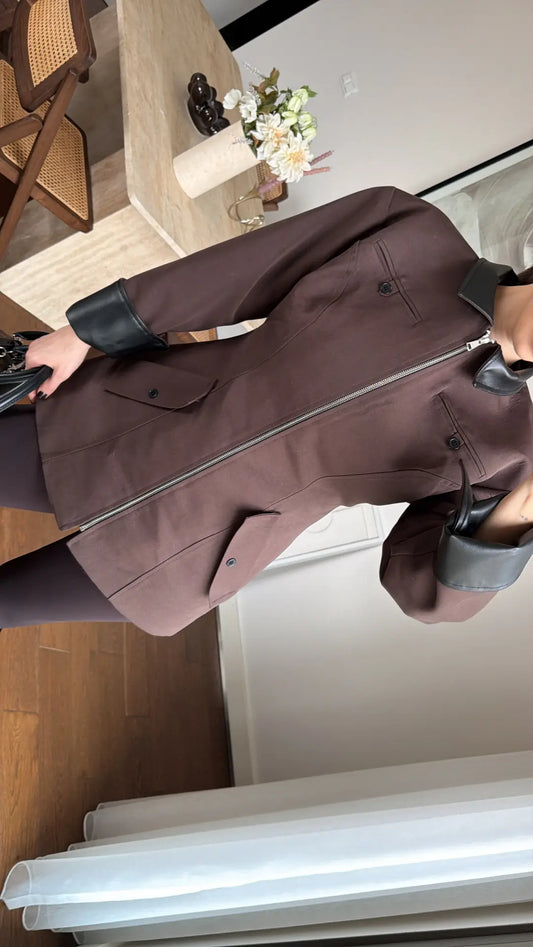 Coffee Brown Zip-Up with Leather Details Jacket