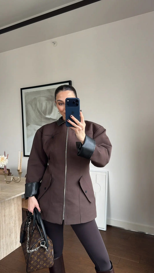 Coffee Brown Zip-Up with Leather Details Jacket