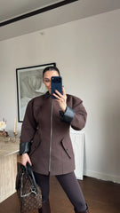 Coffee Brown Zip-Up with Leather Details Jacket