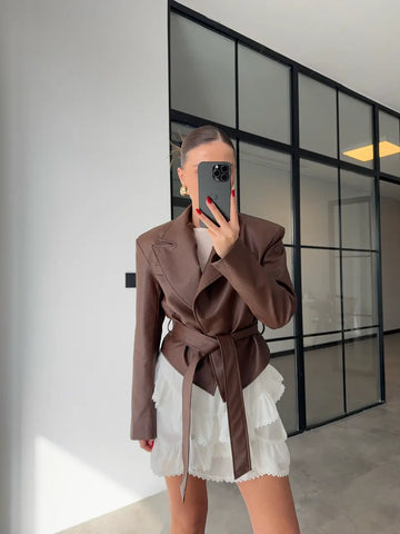 Brown Padded and Belted Leather Jacket