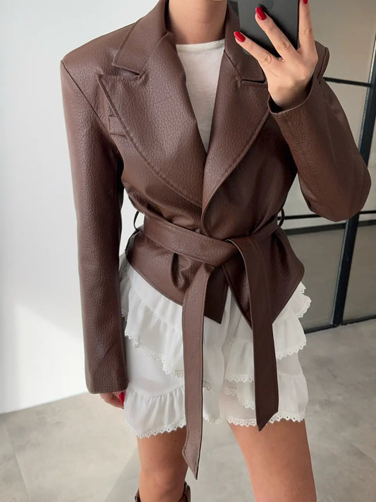 Brown Padded and Belted Leather Jacket