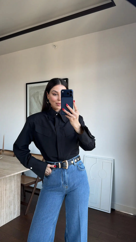 BUTTON-UP WITH PADDED SHOULDER SHIRT