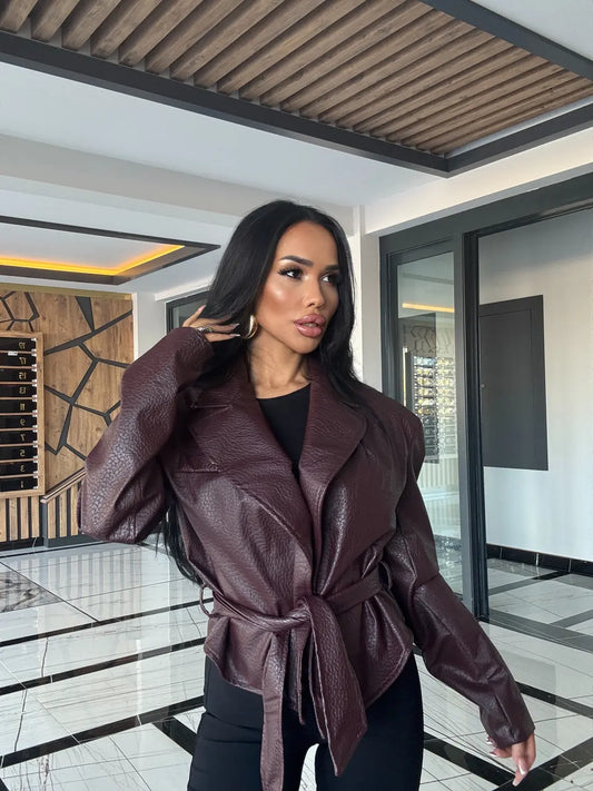 Burgundy Padded and Belted Leather Jacket