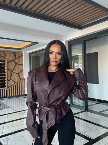 Burgundy Padded and Belted Leather Jacket