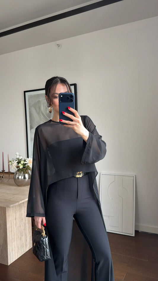 BLACK TRANSPARENT CAPE BLOUSE