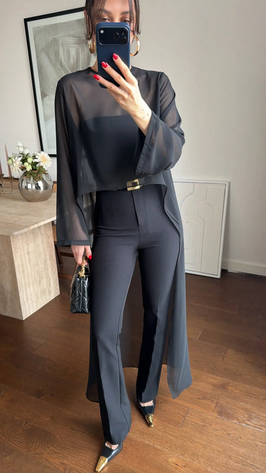 BLACK TRANSPARENT CAPE BLOUSE