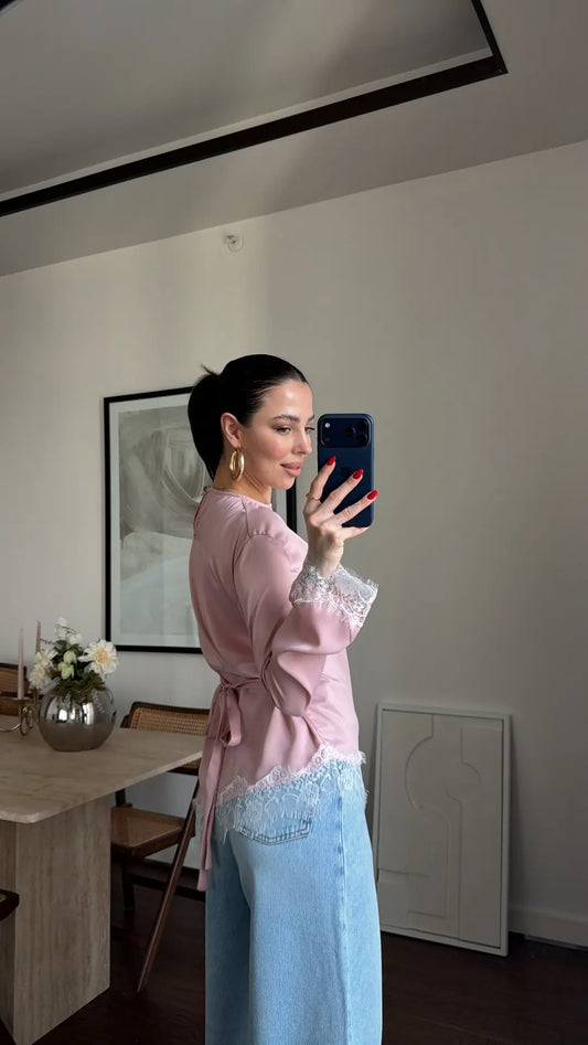 ASYMMETRICALLY DETAILED SATIN BLOUSE