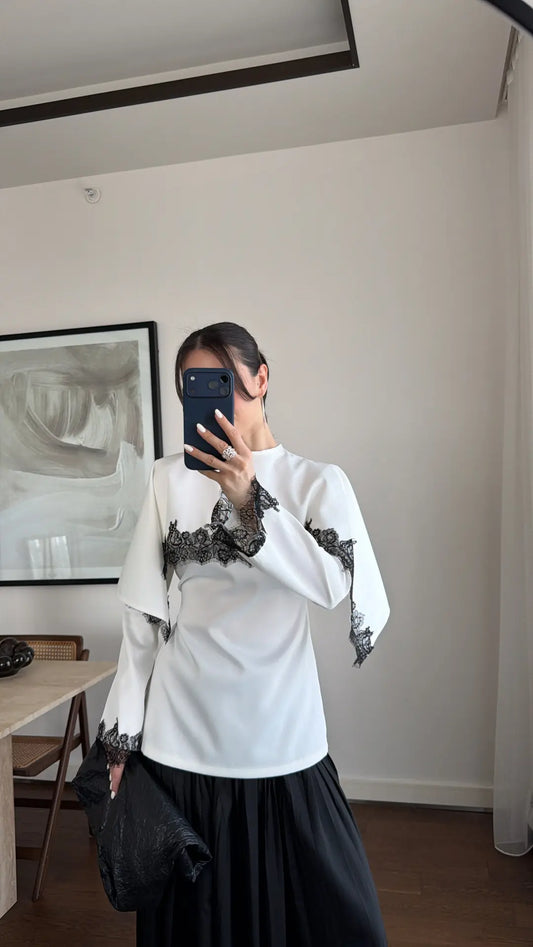 LACE EMBROIDERED CAPE SATIN BLOUSE