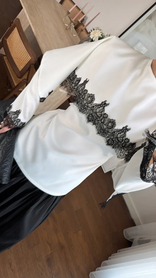 LACE EMBROIDERED CAPE SATIN BLOUSE