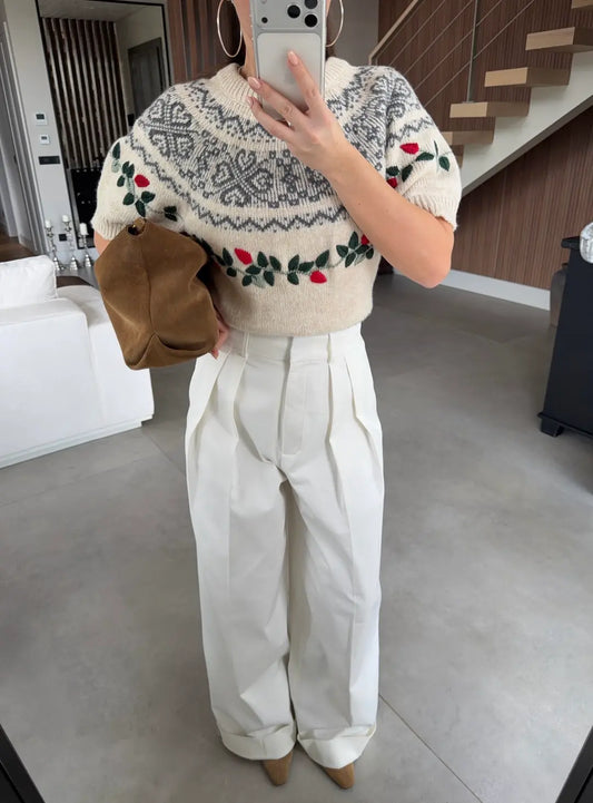 DOUBLE PLEATED STURDY FABRIC PALAZZO TROUSERS