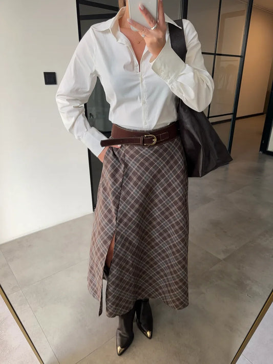 Slit Brown Plaid  Belt Skirt