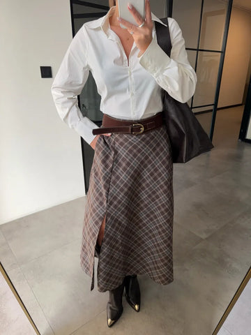 Slit Brown Plaid  Belt Skirt
