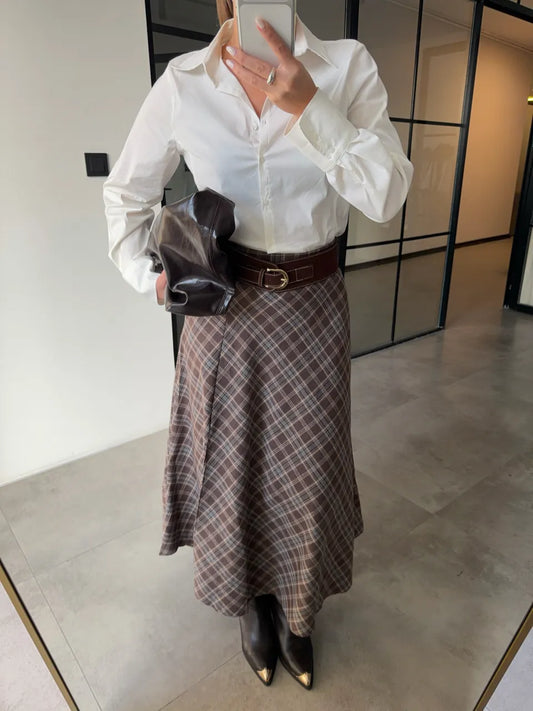Slit Brown Plaid  Belt Skirt
