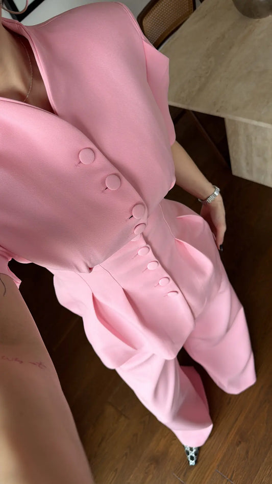 Pink Noir Waist Detail Balloon Sleeve Padded Buttoned Suit