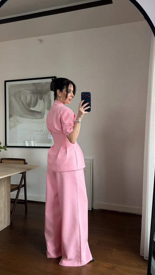 Pink Noir Waist Detail Balloon Sleeve Padded Buttoned Suit