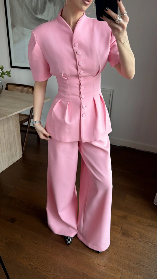 Pink Noir Waist Detail Balloon Sleeve Padded Buttoned Suit