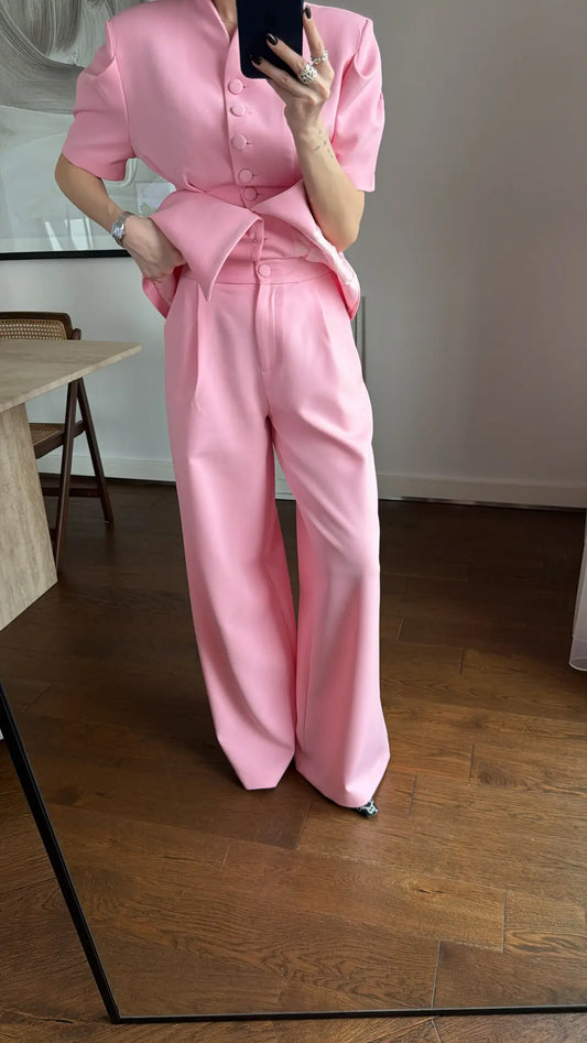Pink Noir Waist Detail Balloon Sleeve Padded Buttoned Suit