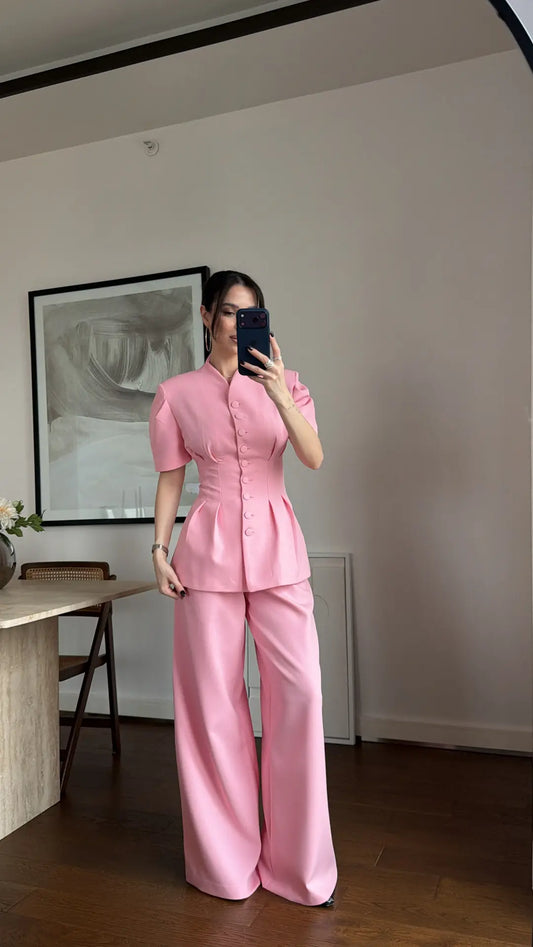 Pink Noir Waist Detail Balloon Sleeve Padded Buttoned Suit