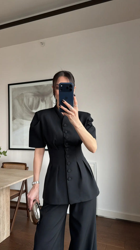 Black Noir Waist Detail Balloon Sleeve Padded Buttoned Suit