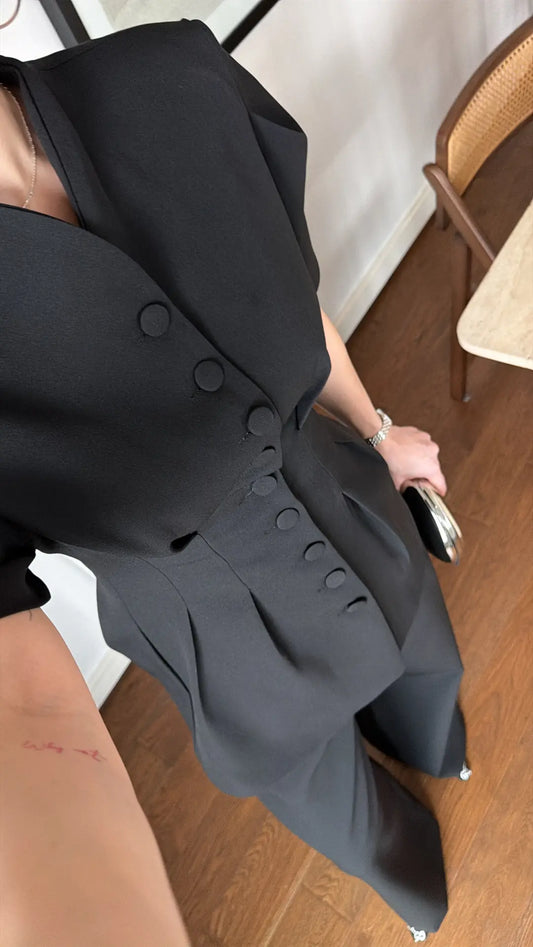 Black Noir Waist Detail Balloon Sleeve Padded Buttoned Suit