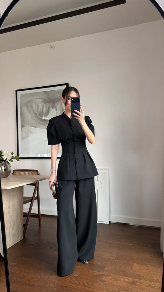 Black Noir Waist Detail Balloon Sleeve Padded Buttoned Suit