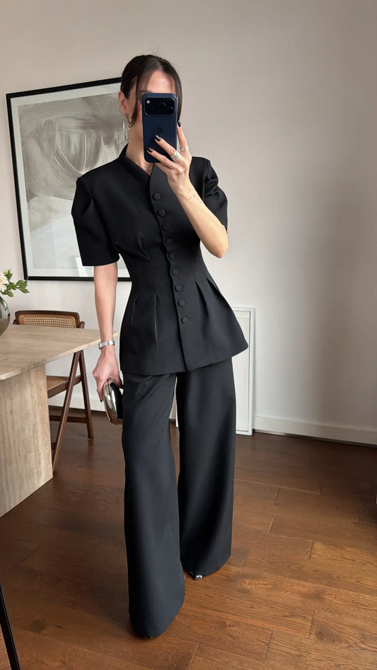 Black Noir Waist Detail Balloon Sleeve Padded Buttoned Suit