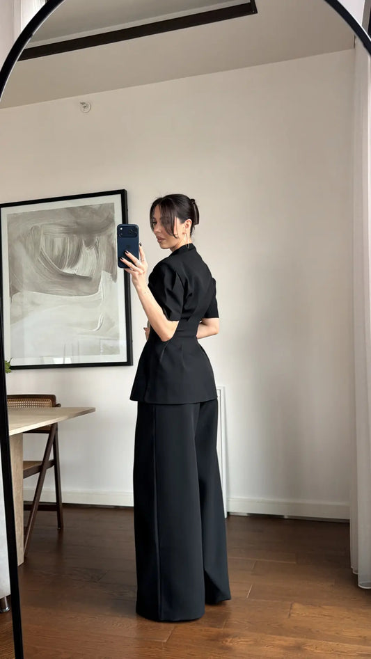 Black Noir Waist Detail Balloon Sleeve Padded Buttoned Suit
