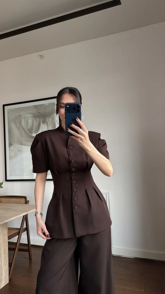 Brown Noir Waist Detail Balloon Sleeve Padded Buttoned Suit
