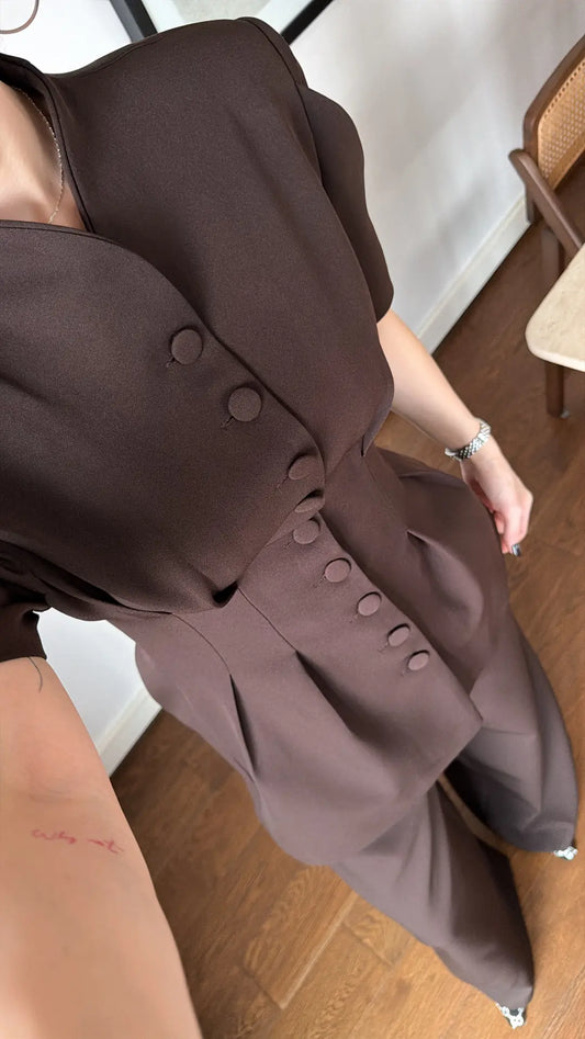 Brown Noir Waist Detail Balloon Sleeve Padded Buttoned Suit