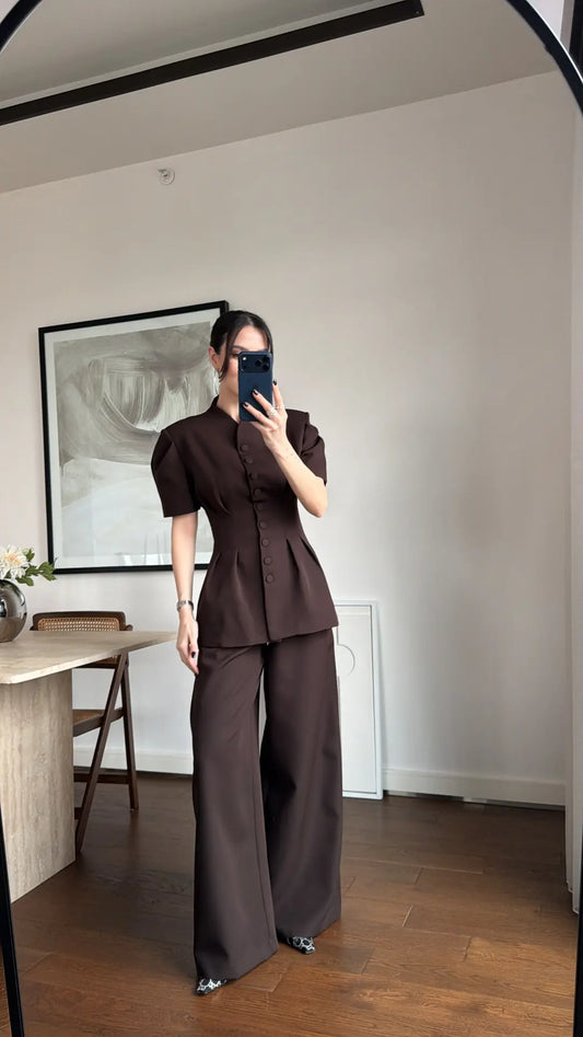 Brown Noir Waist Detail Balloon Sleeve Padded Buttoned Suit